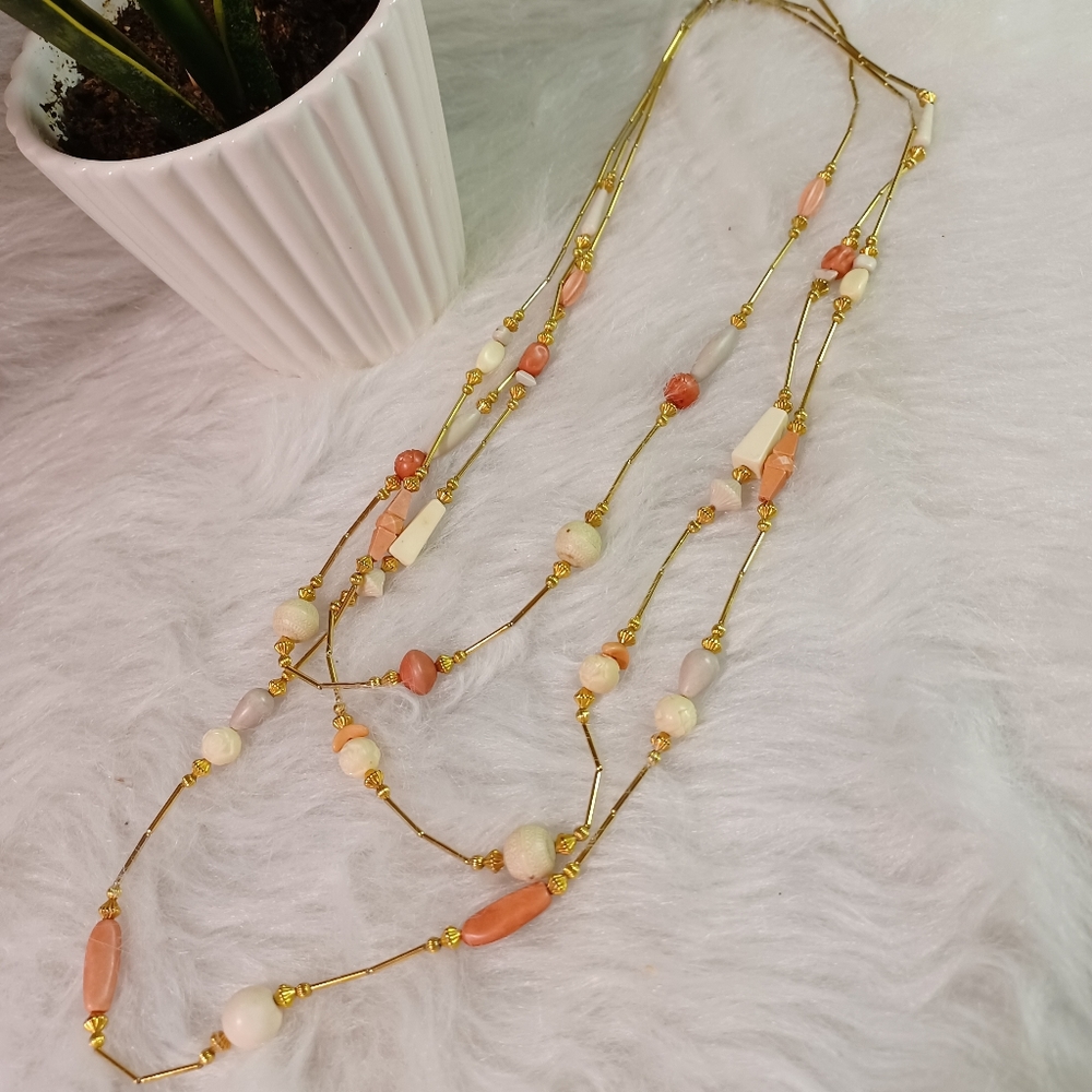 Gold cream and coral beaded multi layers necklace